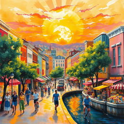 An impressionist painting of a vibrant bustling cityscape, showcasing lively streets filled with colorful buildings, people walking, and street vendors