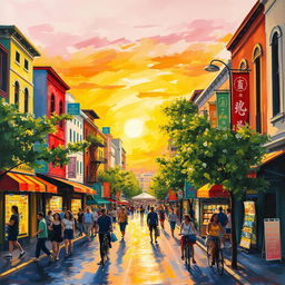 An impressionist painting of a vibrant bustling cityscape, showcasing lively streets filled with colorful buildings, people walking, and street vendors