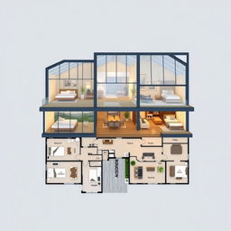 A detailed architectural plan layout of a big modern house designed for 6 people, featuring spacious rooms with glass roofs over the bedrooms, allowing natural light to flood in