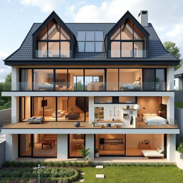 A detailed architectural plan layout of a big modern house designed for 6 people, featuring spacious rooms with glass roofs over the bedrooms, allowing natural light to flood in