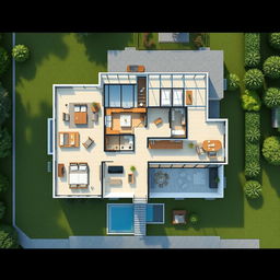 A detailed architectural plan layout of a big modern house designed for 6 people, featuring spacious rooms with glass roofs over the bedrooms, allowing natural light to flood in