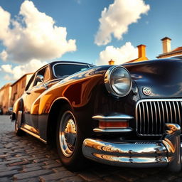 A stunning retro car showcasing a glossy paint job, with classic curves and vintage design elements