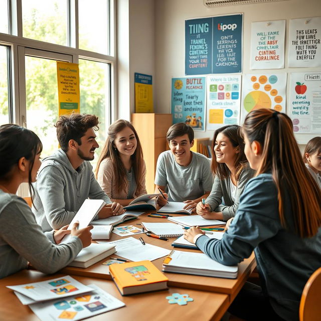 A vibrant and lively classroom scene depicting a diverse group of university students engaged in a spirited discussion and collaborating on writing tasks