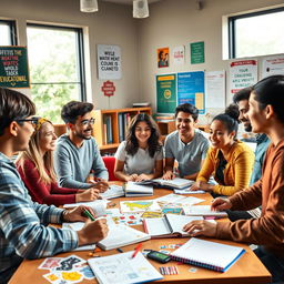 A vibrant and lively classroom scene depicting a diverse group of university students engaged in a spirited discussion and collaborating on writing tasks