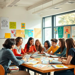 A vibrant and lively classroom scene depicting a diverse group of university students engaged in a spirited discussion and collaborating on writing tasks