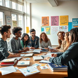 A vibrant and lively classroom scene depicting a diverse group of university students engaged in a spirited discussion and collaborating on writing tasks