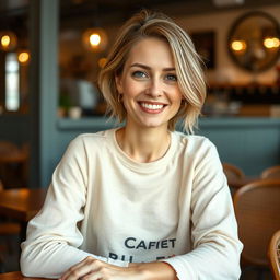 A full-length photo of a woman aged 30-35 with a natural appearance, showcasing minimal makeup and well-groomed hair