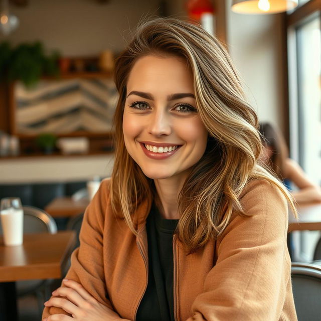 A full-length photo of a woman aged 30-35 with a natural appearance, showcasing minimal makeup and well-groomed hair