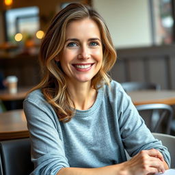 A full-length photo of a woman aged 30-35 with a natural appearance, showcasing minimal makeup and well-groomed hair