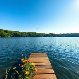 A serene and beautiful landscape featuring a calm lake surrounded by lush greenery under a bright blue sky