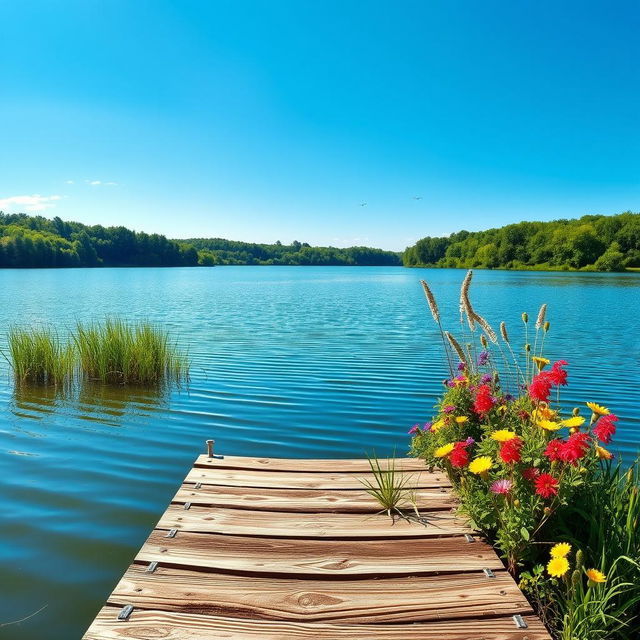 A serene and beautiful landscape featuring a calm lake surrounded by lush greenery under a bright blue sky