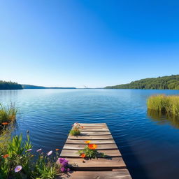 A serene and beautiful landscape featuring a calm lake surrounded by lush greenery under a bright blue sky