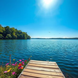 A serene and beautiful landscape featuring a calm lake surrounded by lush greenery under a bright blue sky