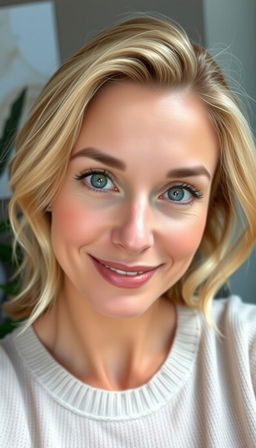 A portrait of a natural and confident woman aged 30-35, featuring symmetrical facial features, fair skin, and defined cheekbones