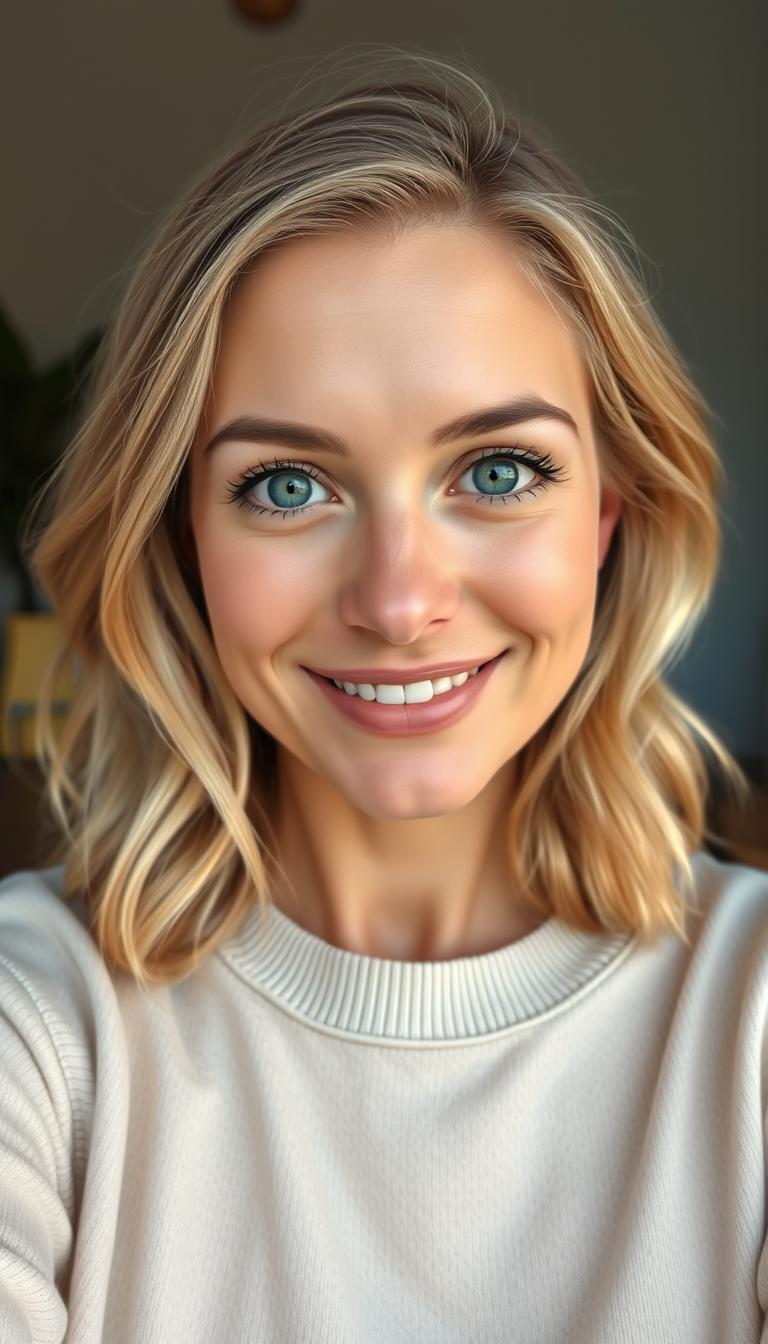 A portrait of a natural and confident woman aged 30-35, featuring symmetrical facial features, fair skin, and defined cheekbones