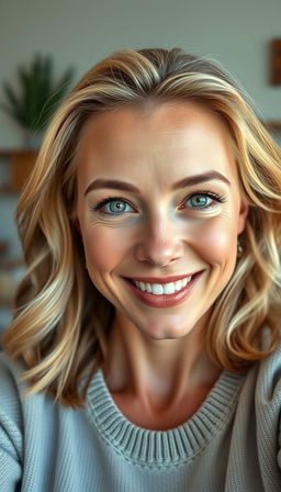 A portrait of a natural and confident woman aged 30-35, featuring symmetrical facial features, fair skin, and defined cheekbones