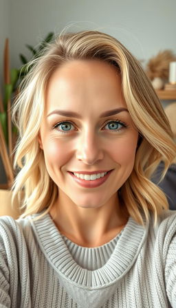 A portrait of a natural and confident woman aged 30-35, featuring symmetrical facial features, fair skin, and defined cheekbones