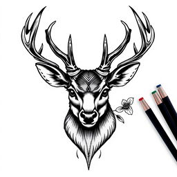 A detailed black tattoo design featuring the head of a majestic deer, showcasing intricate antlers and expressive eyes