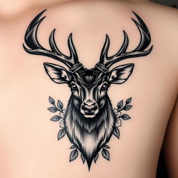 A detailed black tattoo design featuring the head of a majestic deer, showcasing intricate antlers and expressive eyes