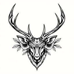 A detailed black tattoo design featuring the head of a majestic deer, showcasing intricate antlers and expressive eyes