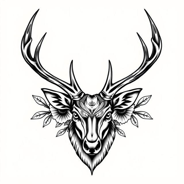 A detailed black tattoo design featuring the head of a majestic deer, showcasing intricate antlers and expressive eyes