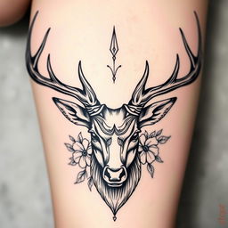 A detailed black tattoo design featuring the head of a majestic deer, showcasing intricate antlers and expressive eyes
