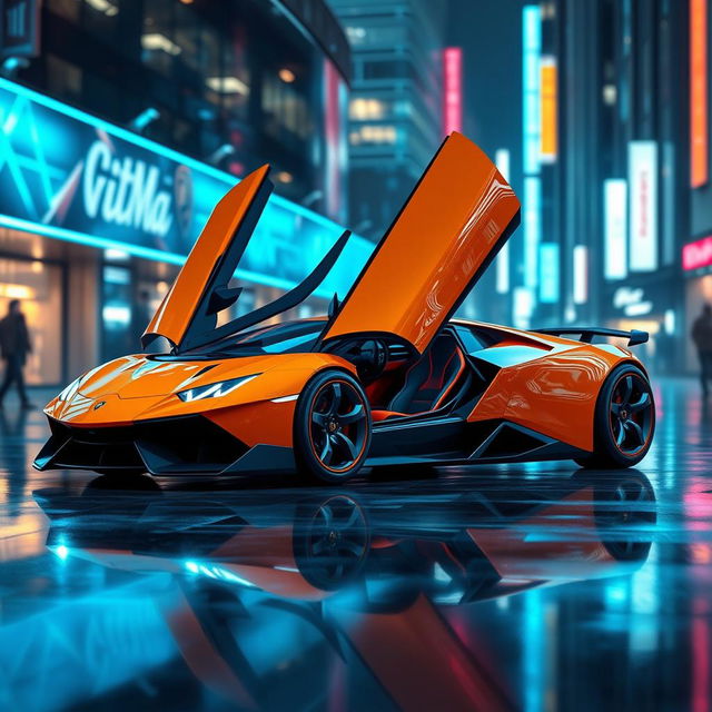 A futuristic concept car inspired by Lamborghini design elements, showcasing sleek lines, aerodynamic shape, and a vibrant color scheme, set against a high-tech urban background