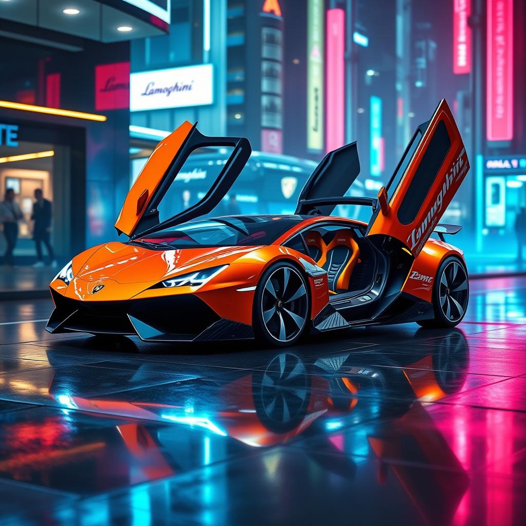 A futuristic concept car inspired by Lamborghini design elements, showcasing sleek lines, aerodynamic shape, and a vibrant color scheme, set against a high-tech urban background