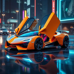 A futuristic concept car inspired by Lamborghini design elements, showcasing sleek lines, aerodynamic shape, and a vibrant color scheme, set against a high-tech urban background
