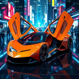 A futuristic concept car inspired by Lamborghini design elements, showcasing sleek lines, aerodynamic shape, and a vibrant color scheme, set against a high-tech urban background