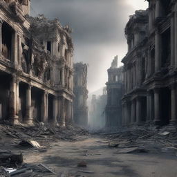 An image of a city in ruins, depicted in a hyper-realistic style