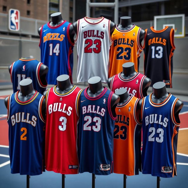 A collection of various NBA basketball jerseys showcasing different teams and player styles