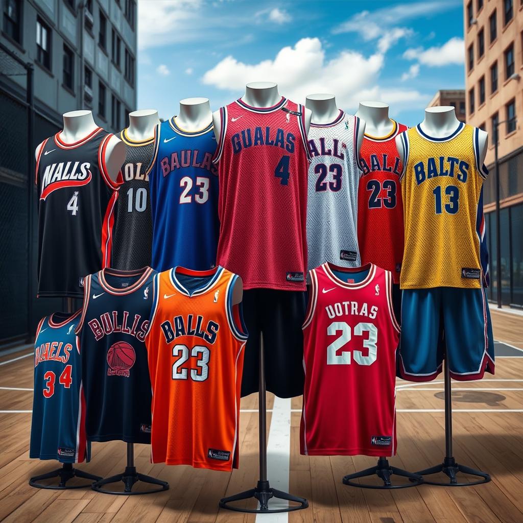 A collection of various NBA basketball jerseys showcasing different teams and player styles