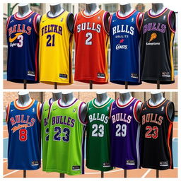 A collection of various NBA basketball jerseys showcasing different teams and player styles