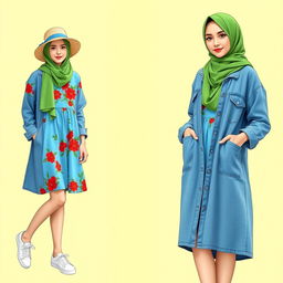 A stylish retro summer outfit for a female with hijab attending a yearbook photoshoot for an English club, showcasing 80s, 90s, and 00s fashion