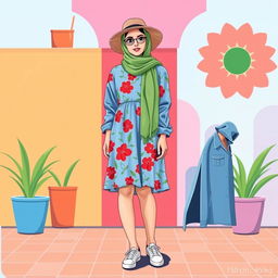 A stylish retro summer outfit for a female with hijab attending a yearbook photoshoot for an English club, showcasing 80s, 90s, and 00s fashion