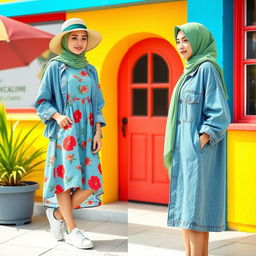 A stylish retro summer outfit for a female with hijab attending a yearbook photoshoot for an English club, showcasing 80s, 90s, and 00s fashion