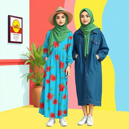 A stylish retro summer outfit for a female with hijab attending a yearbook photoshoot for an English club, showcasing 80s, 90s, and 00s fashion