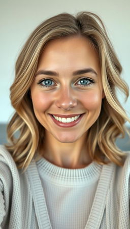 A portrait of a natural and confident woman aged 30-35, with symmetrical facial features, fair skin, and defined cheekbones