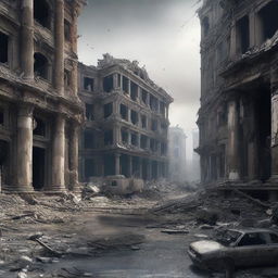 An image of a city in ruins, depicted in a hyper-realistic style