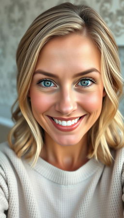 A portrait of a natural and confident woman aged 30-35, with symmetrical facial features, fair skin, and defined cheekbones