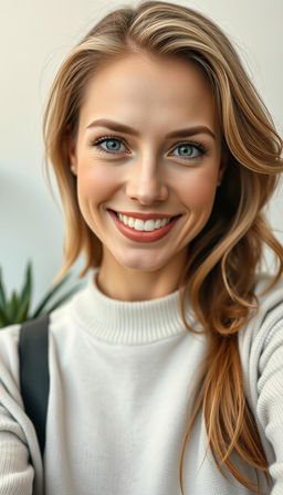 A portrait of a natural and confident woman aged 30-35, with symmetrical facial features, fair skin, and defined cheekbones