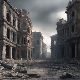 An image of a city in ruins, depicted in a hyper-realistic style