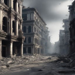 An image of a city in ruins, depicted in a hyper-realistic style