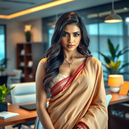 A sensual and elegant scene capturing an attractive woman in a traditional saree, her navel subtly visible, situated in a modern office environment