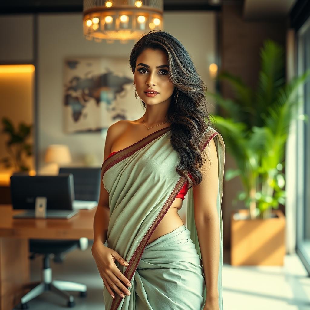 A sensual and elegant scene capturing an attractive woman in a traditional saree, her navel subtly visible, situated in a modern office environment