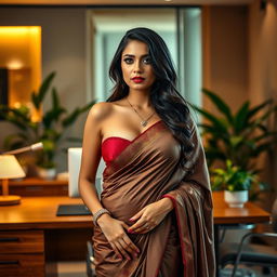 A sensual and elegant scene capturing an attractive woman in a traditional saree, her navel subtly visible, situated in a modern office environment