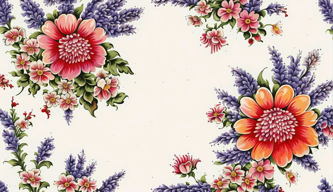 This is a high-quality digital art image of a floral wallpaper featuring a variety of vibrant flowers like roses, daisies, and lavender arranged in a repeating pattern against a soft pastel background