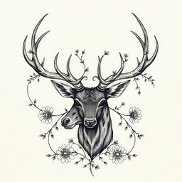 An intricate black ink illustration of a deer head showcasing elaborate antlers, surrounded by delicate floral patterns and vines intertwining with the horns