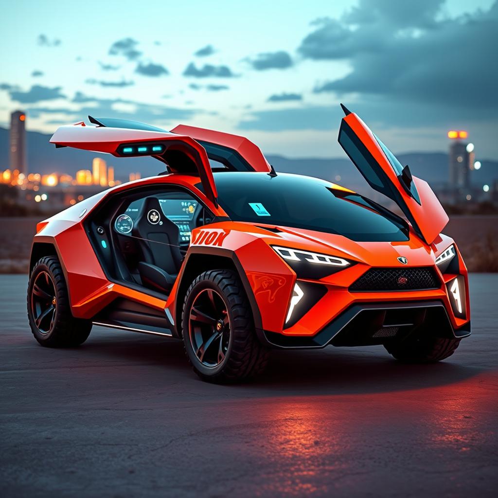 A striking concept hybrid vehicle that combines the luxurious design features of a Lamborghini with the rugged and utilitarian aspects of a Lada, set against a backdrop of a futuristic landscape